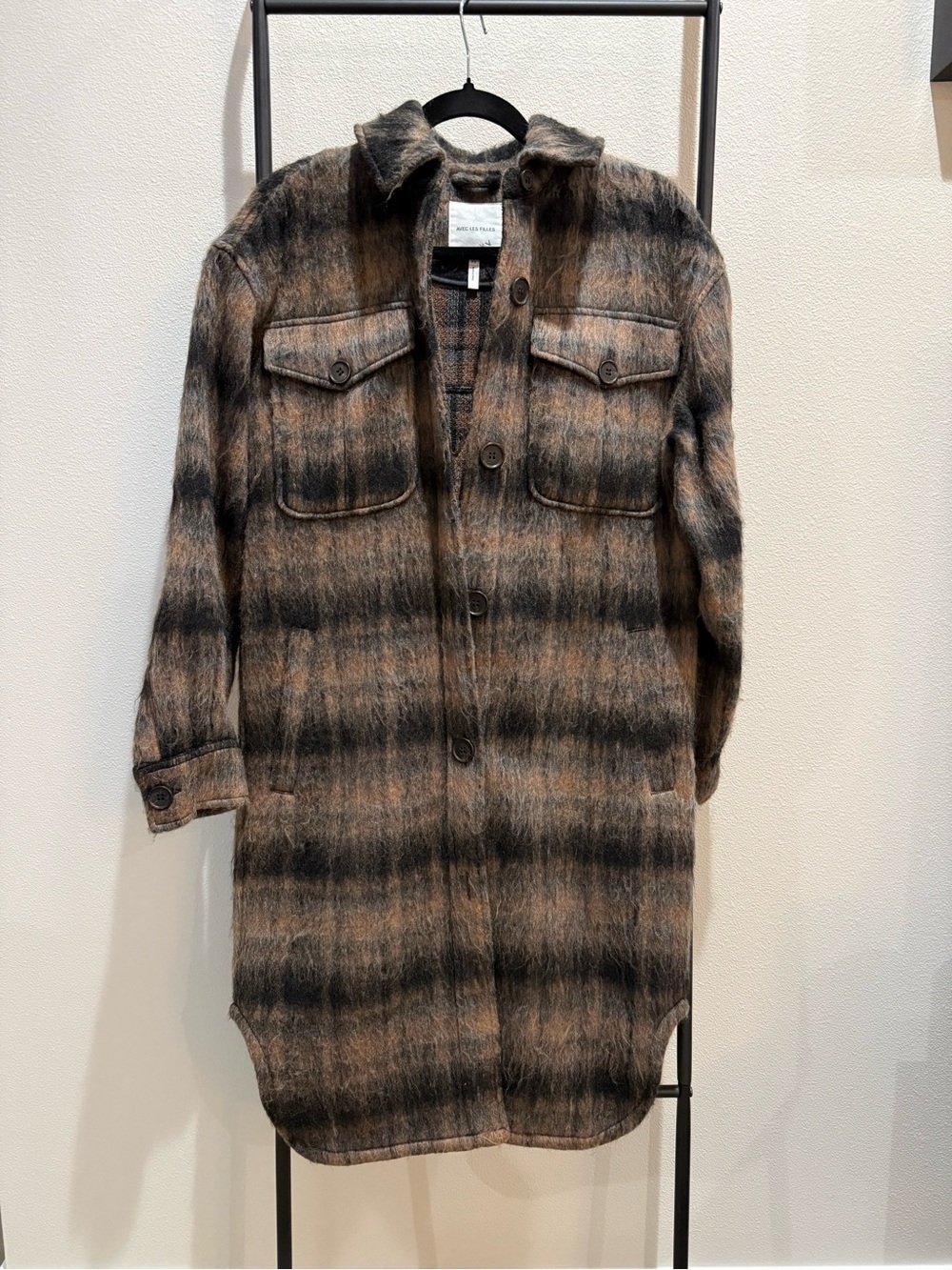 Avec Les Filles Brown & Black Plaid Long Wool Shirt Coat